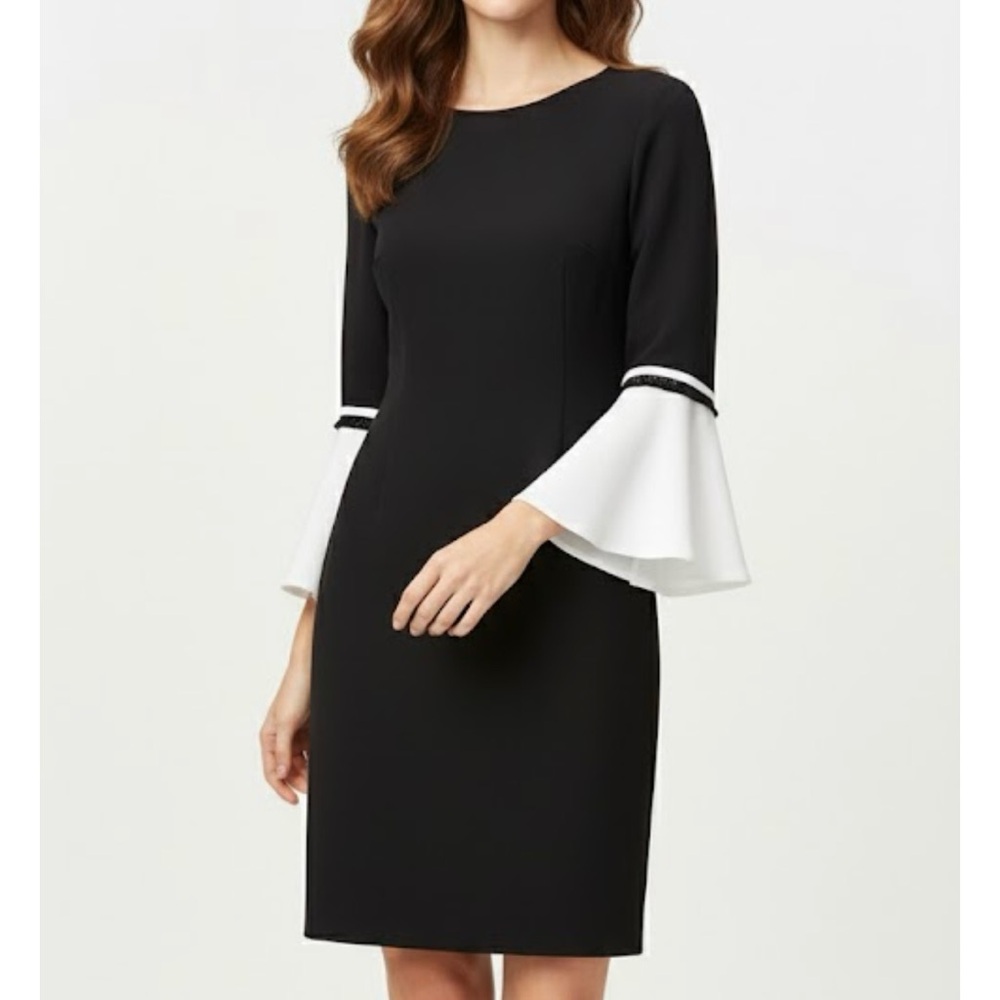 Calvin Klein Black White 3/4‎ Bell Sleeve Fringe Trim Sheath Mini Dress Size 4